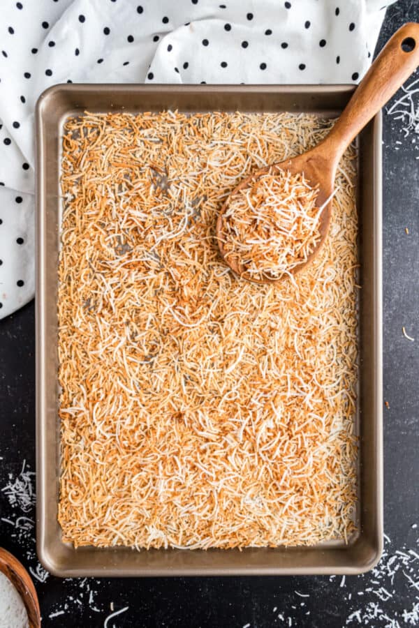 Toasted coconut on baking sheet.