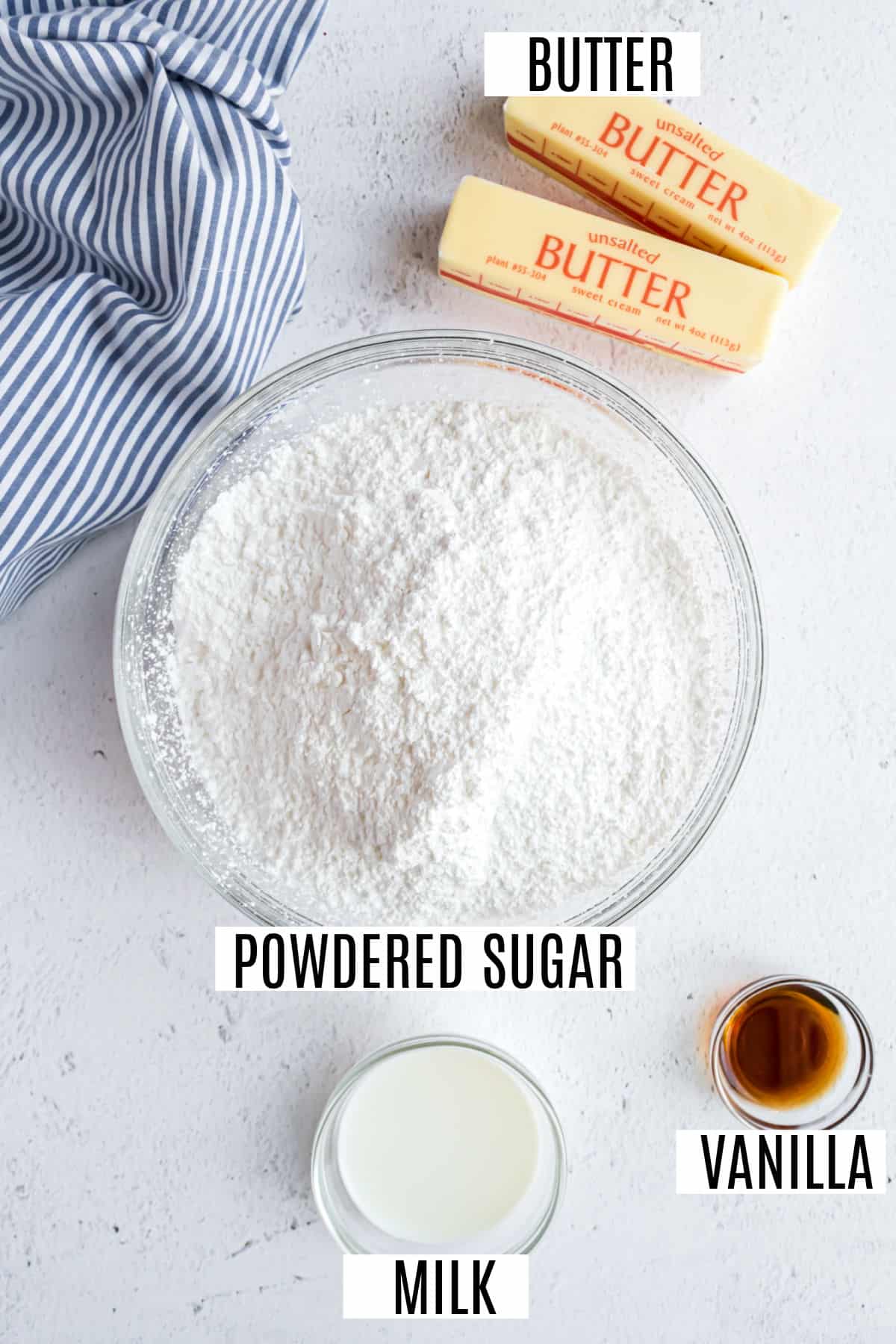 Four ingredients to make vanilla buttercram frosting.