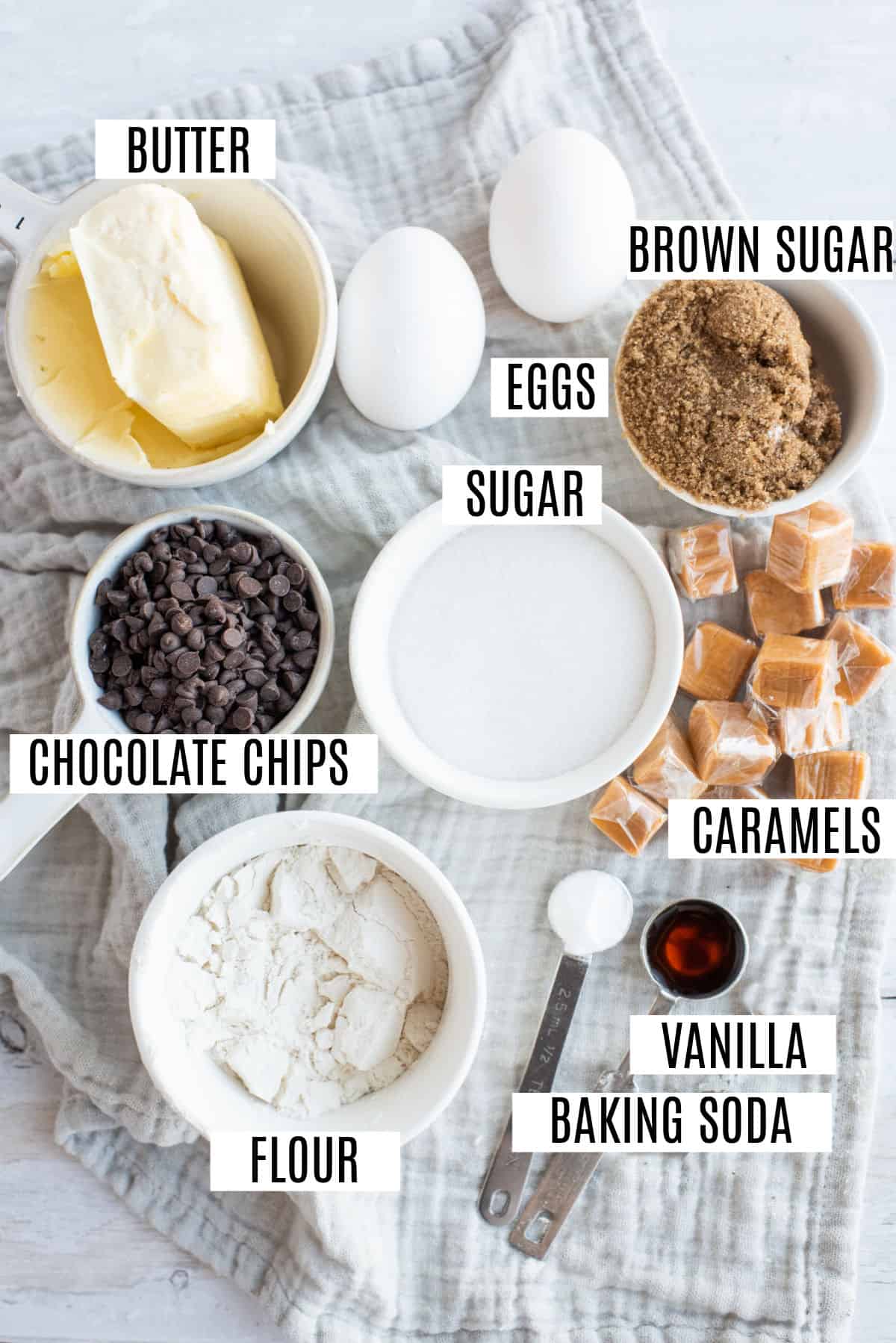 Ingredients needed to make caramel stuffed chocolate chip cookies.