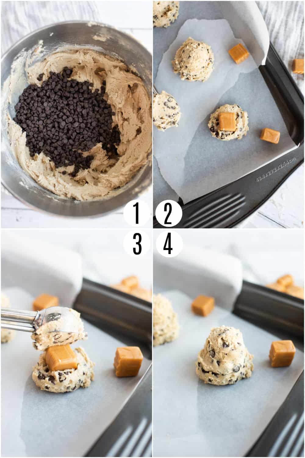Step by step photos showing how to stuff chocolate chip cookies with caramels.
