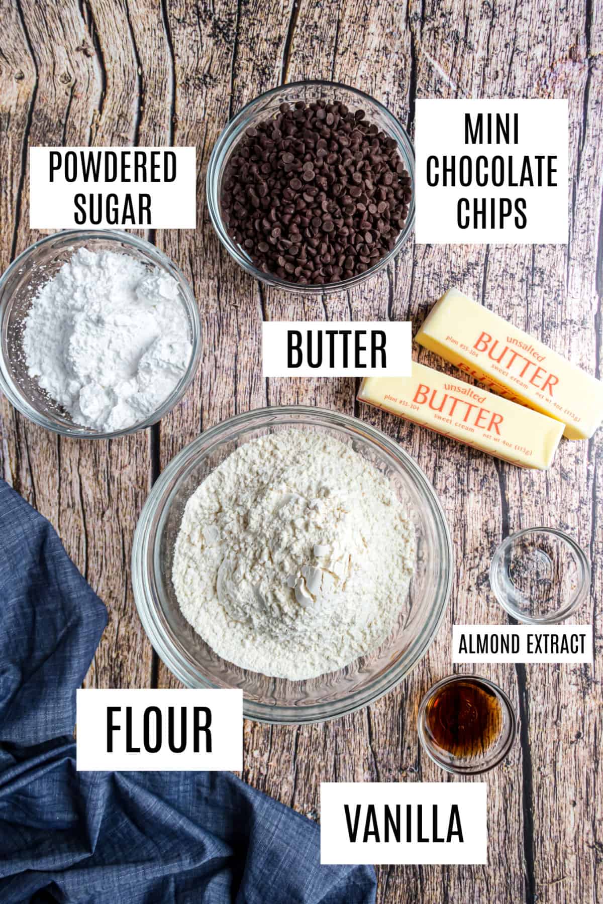 Ingredients needed for chocolate chip shortbread cookies.