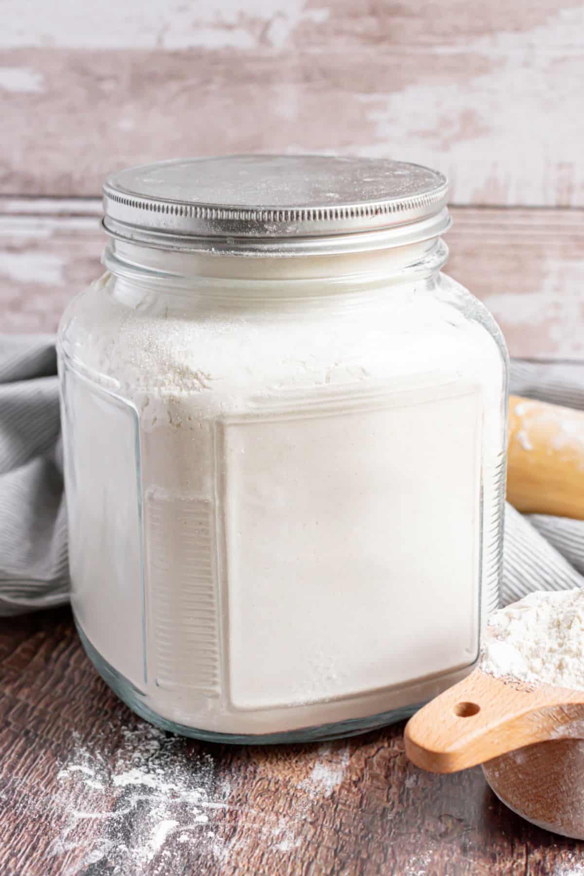 Heat treated flour in an airtight canister.