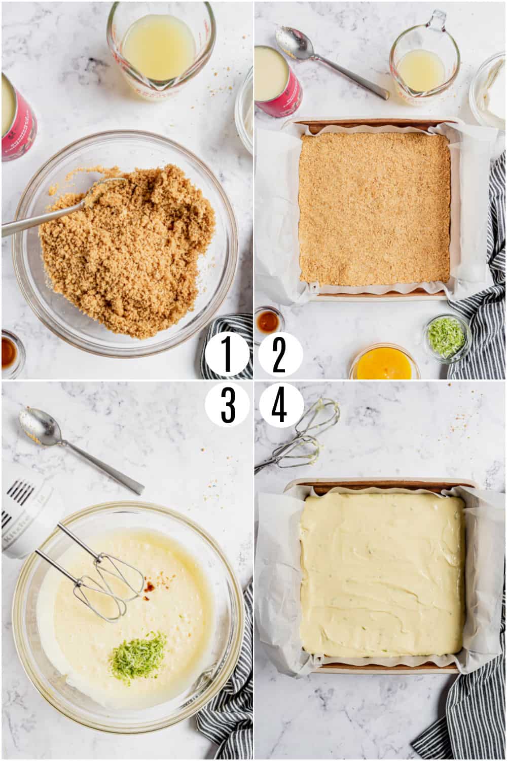 Step by step photos showing how to make key lime pie bars.