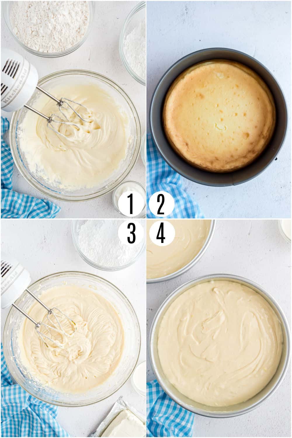 Step by step photos showing how to make lemon cheesecake cake layers.