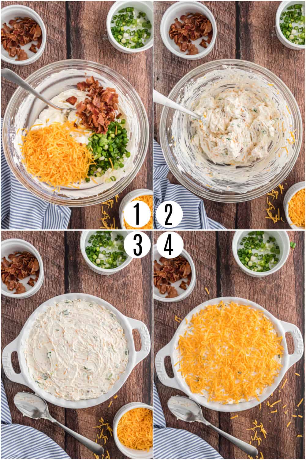 Step by step photos showing how to make potato chip dip.