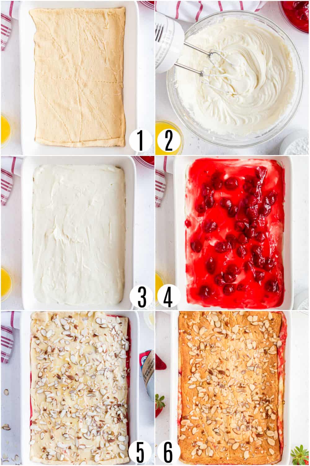 Step by step photos showing how to assemble strawberry cream cheese danish.