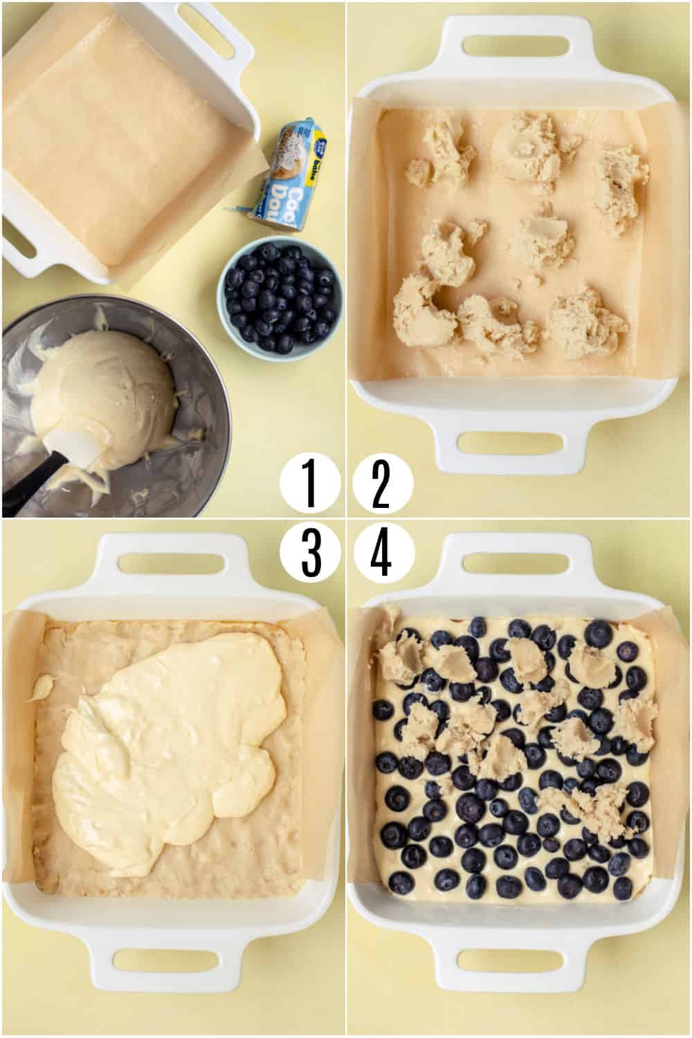 Step by step photos showing how to make blueberry sugar cookie bars.