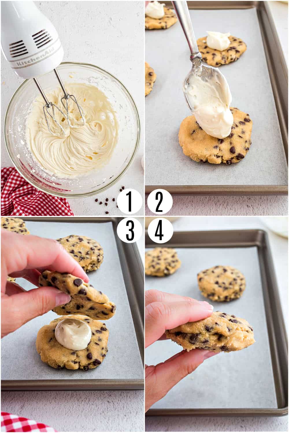 Step by step photos showing how to add cheesecake filling to cookies.