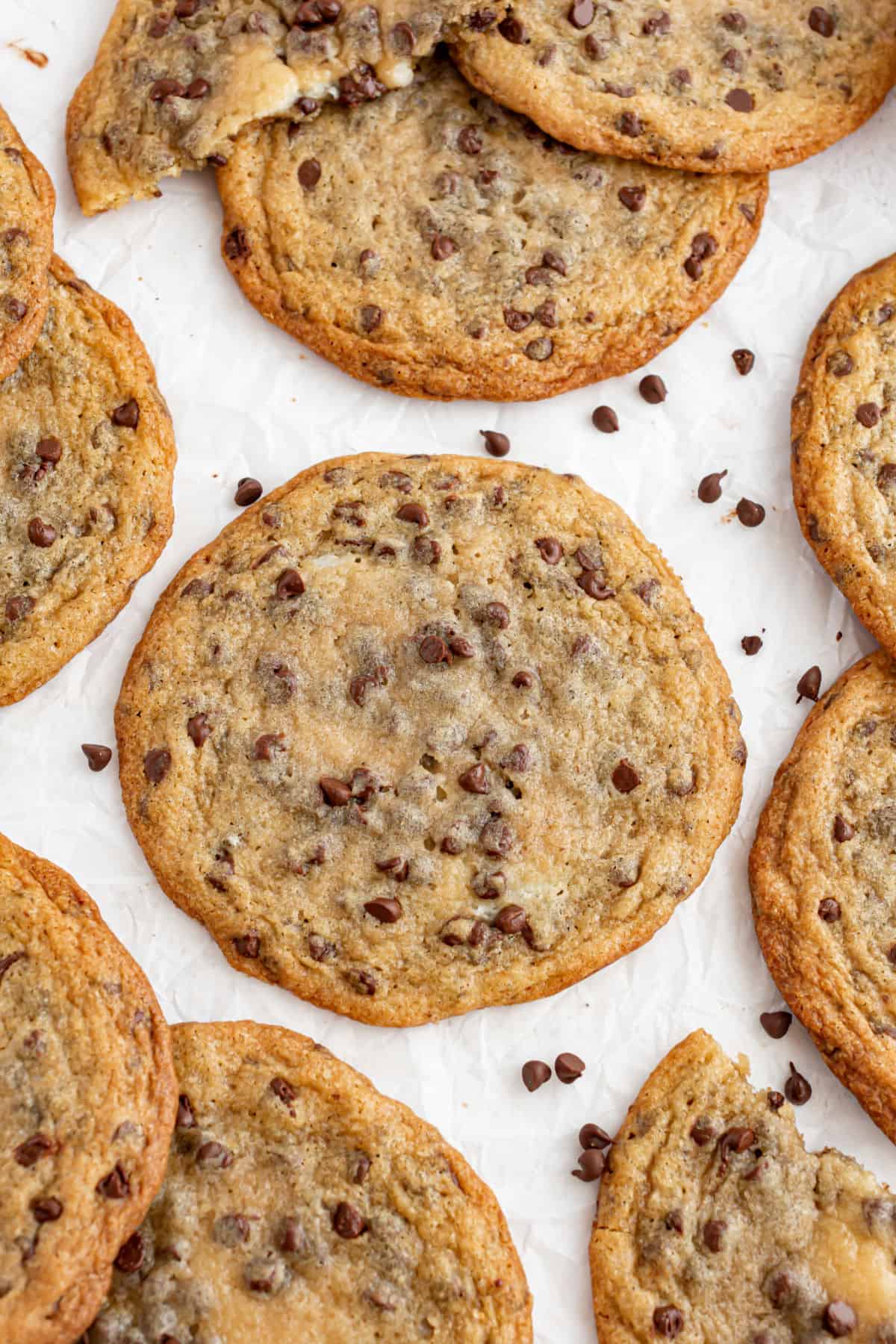 Chocolate chip cheesecake cookies on parchment paper.