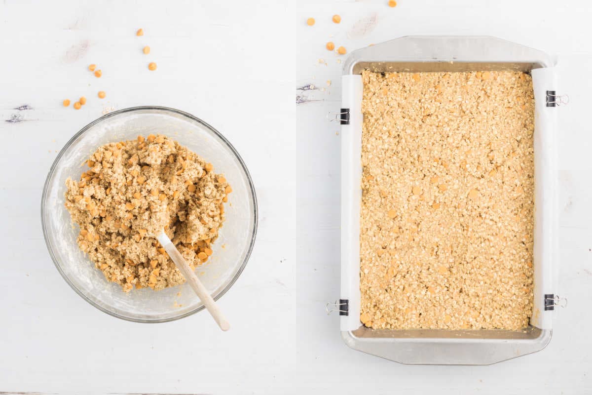 A glass bowl of crumbly oat mixture and a baking pan lined with parchment, filled with pressed oatmeal scotchie bars mixture.