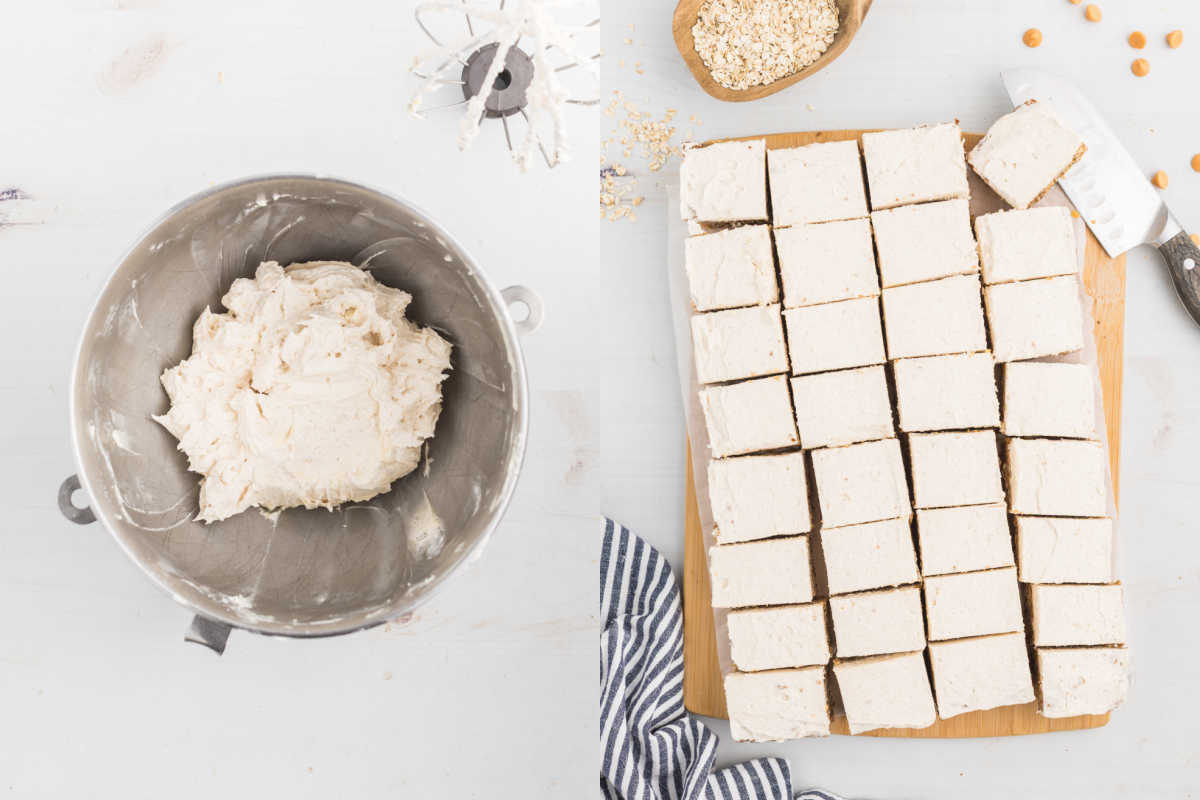 A mixing bowl of batter for oatmeal scotchie bars sits beside a cutting board with evenly cut marshmallow squares.