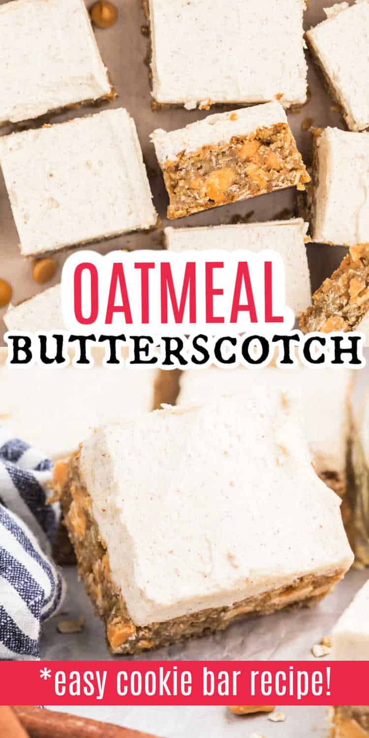 Oatmeal scotchie bars with sweet butterscotch and creamy frosting, cut into squares and shown from above in a tempting close-up.