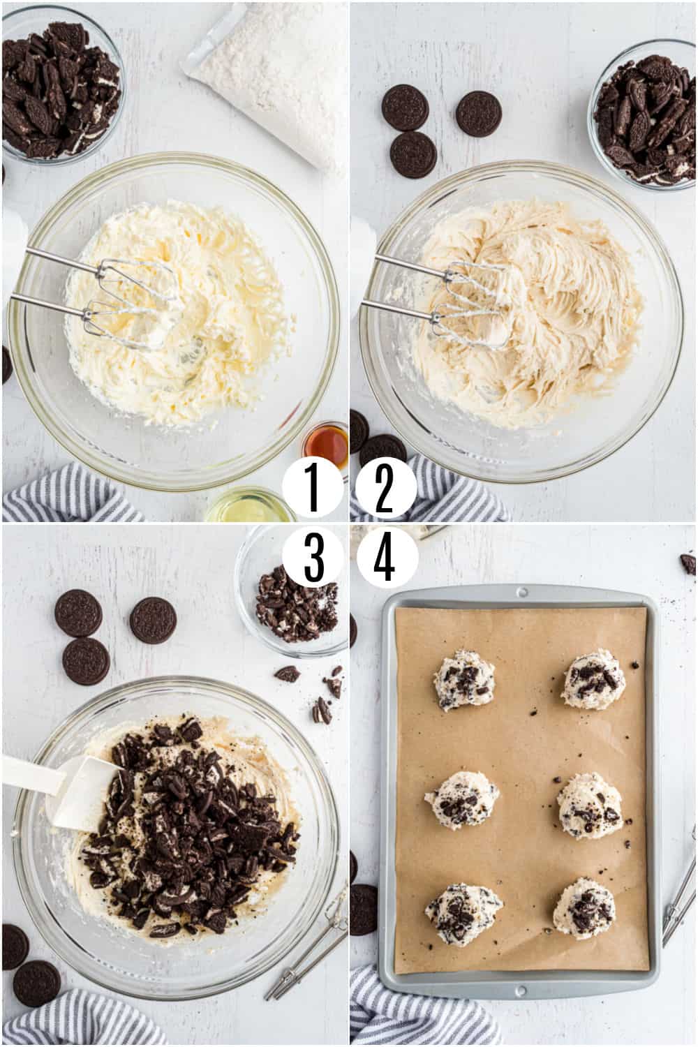 Step by step photos showing how to make cookies and cream cookies.
