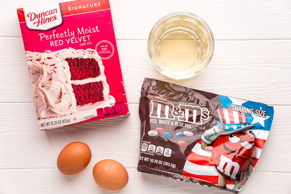 Four easy ingredients for red velvet cake mix cookies.