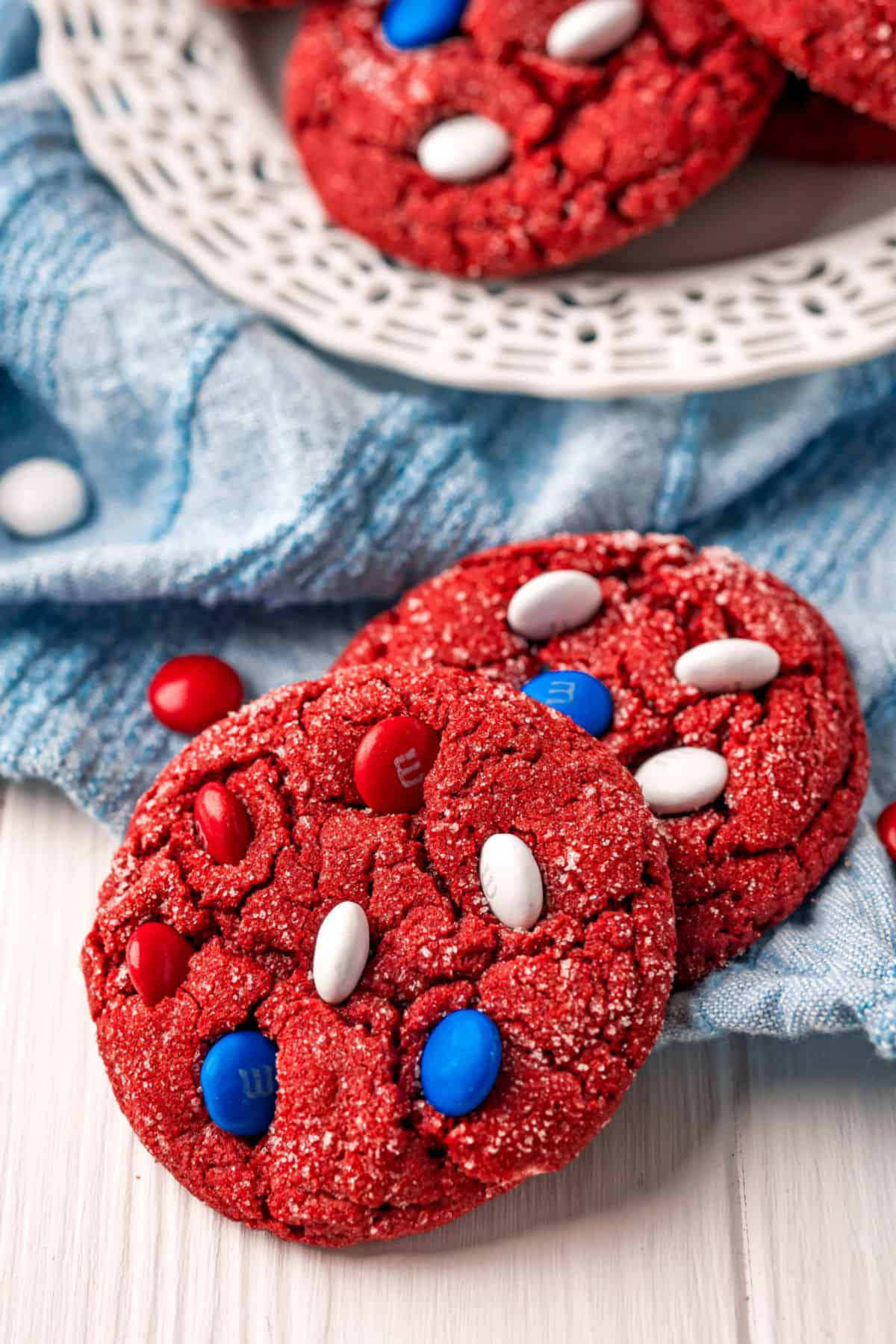 Red velvet cookies with red white and blue candy mixed in.