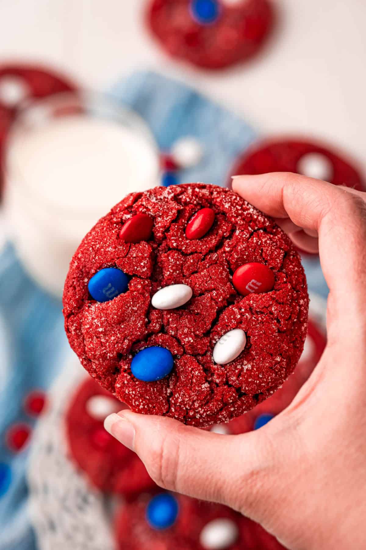 Red velvet cookie with red white and blue candies.