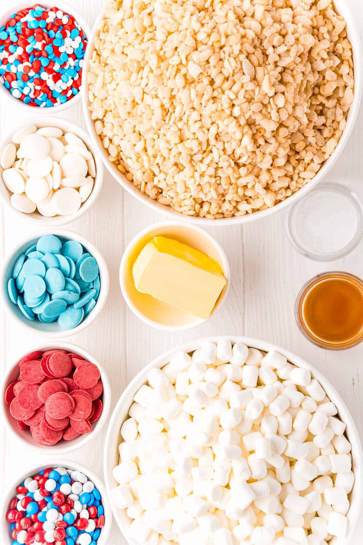 Ingredients needed for red white and blue rice krispie treats.