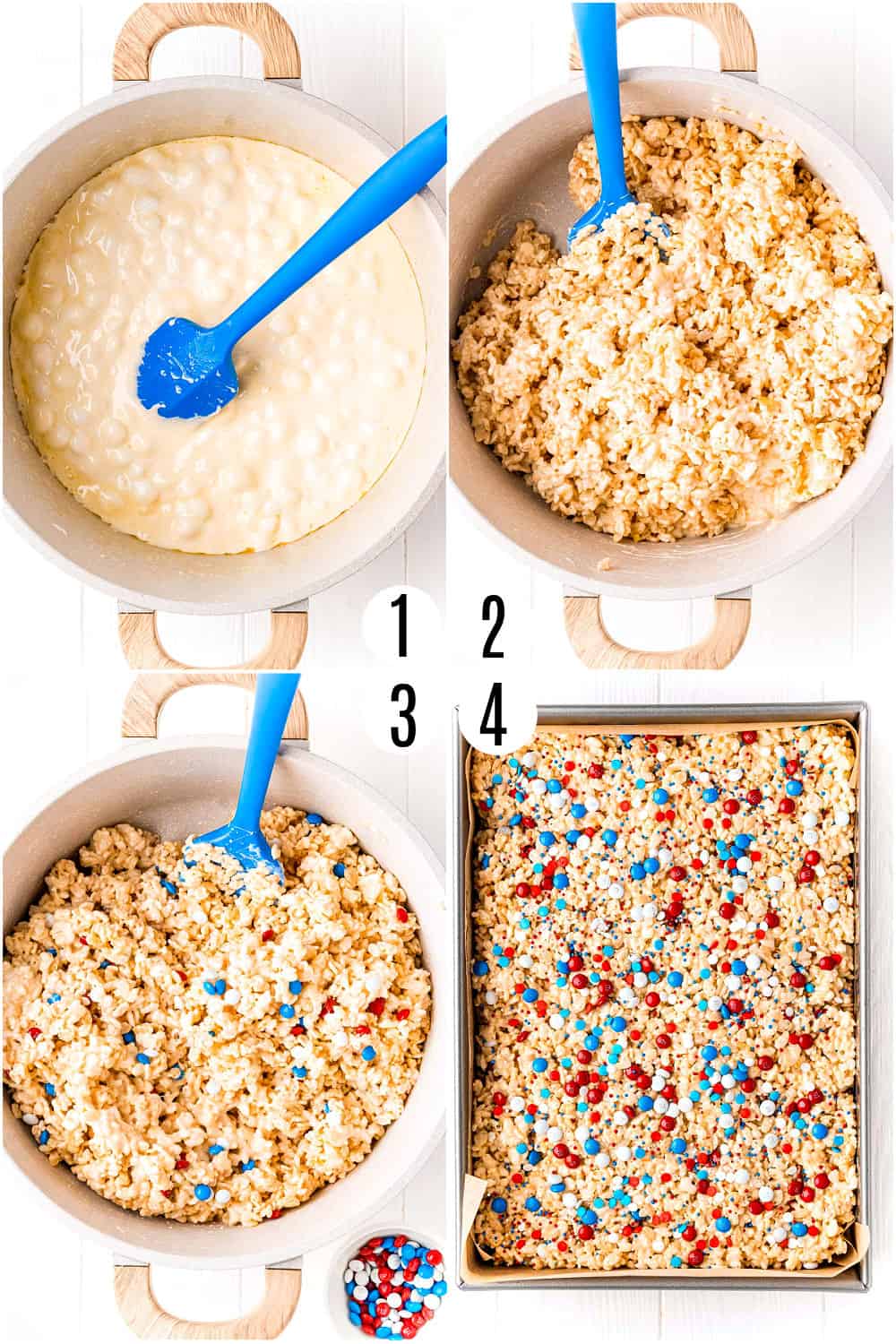 Step by step photos showing how to make red white and blue rice krispy treats.