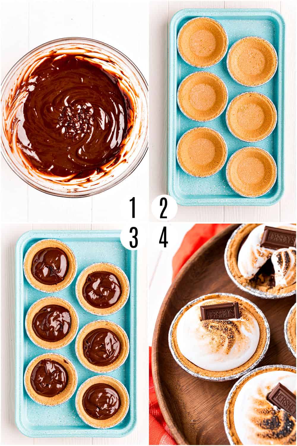 Step by step photos showing how to make mini s'mores pies.