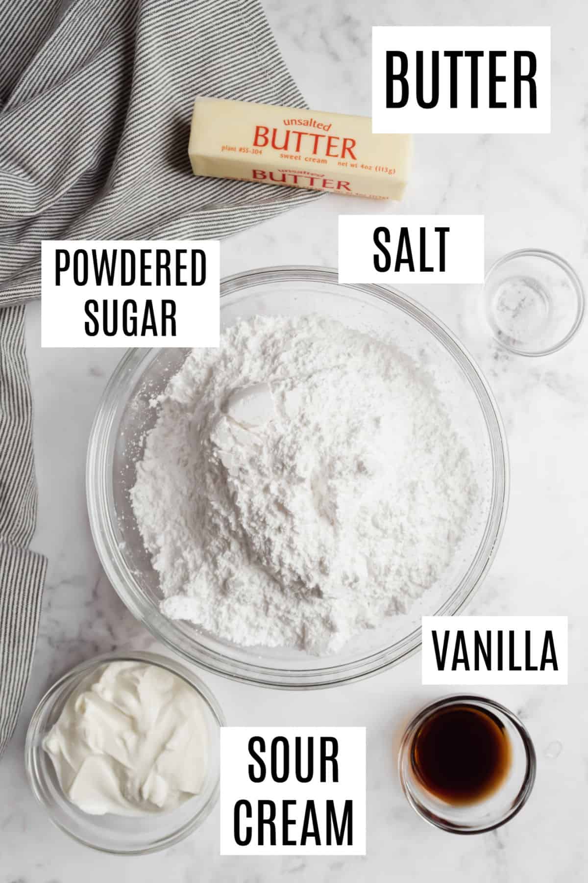 Ingredients needed to make sour cream vanilla frosting recipe.