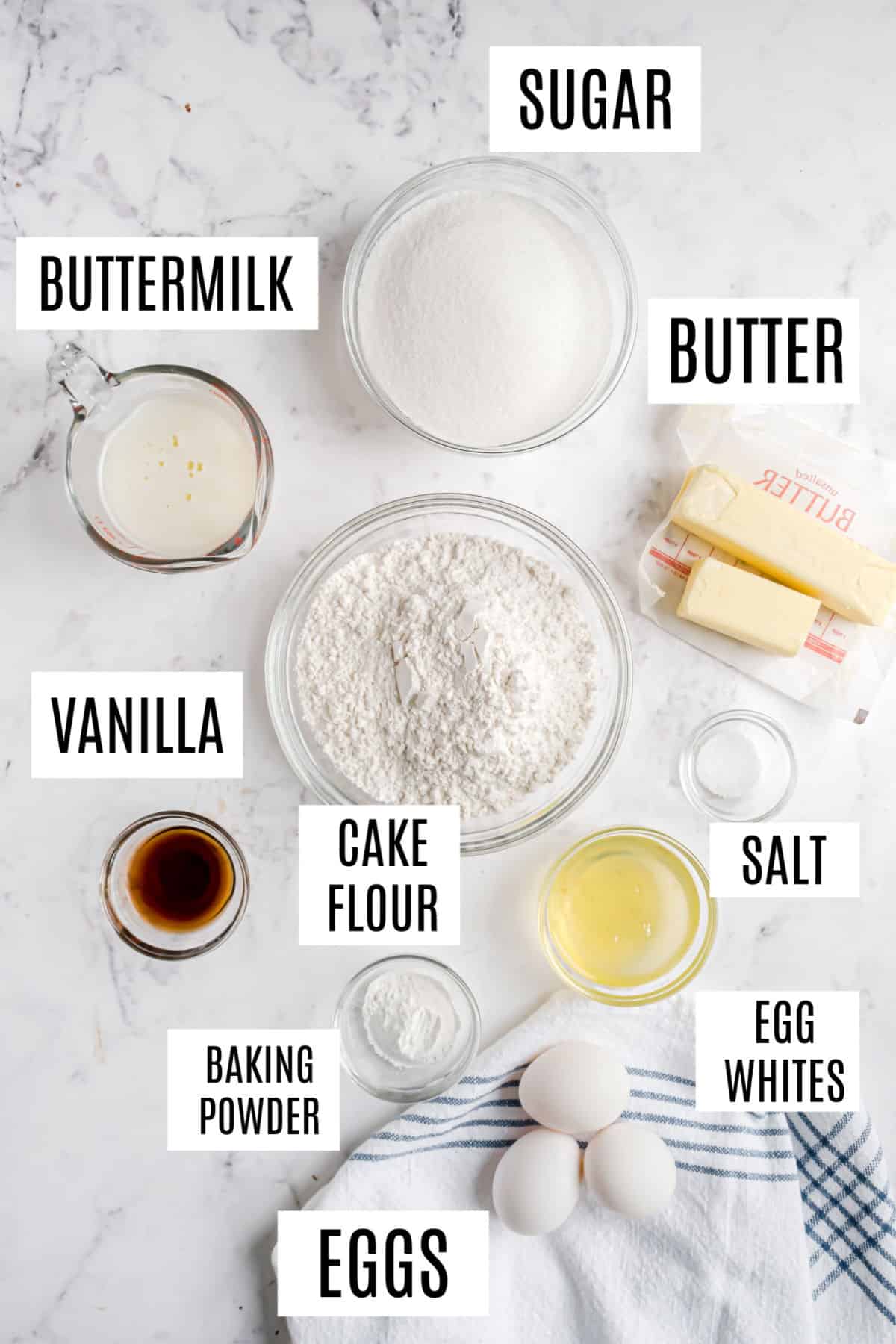 Ingredients needed to make vanilla layer cake.