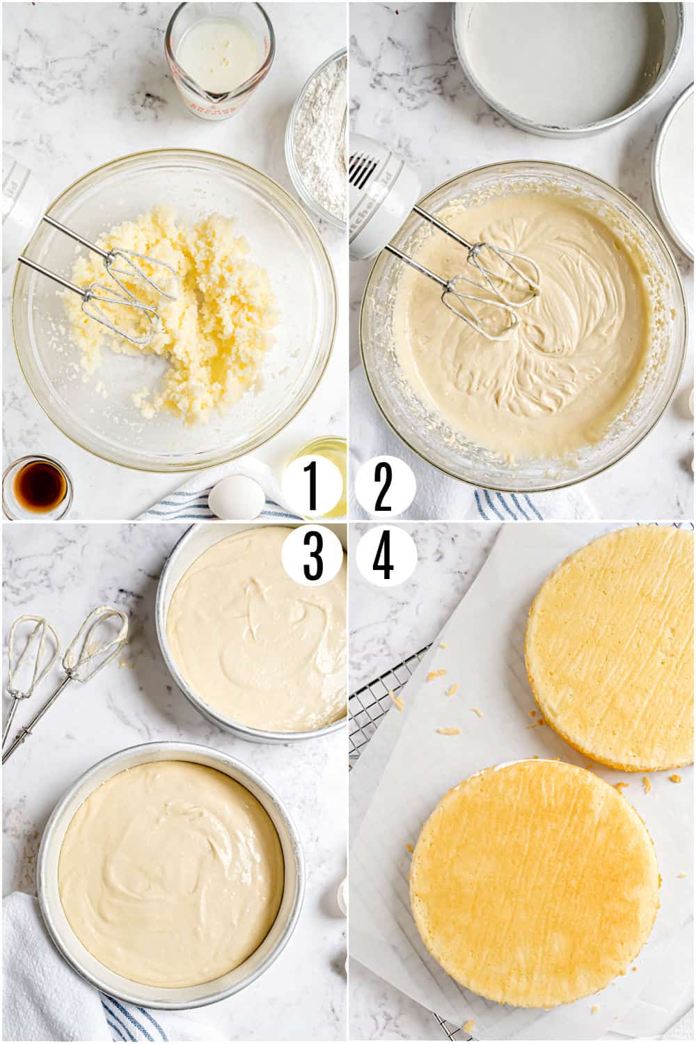 Step by step photos showing how to make the best vanilla cake recipe.