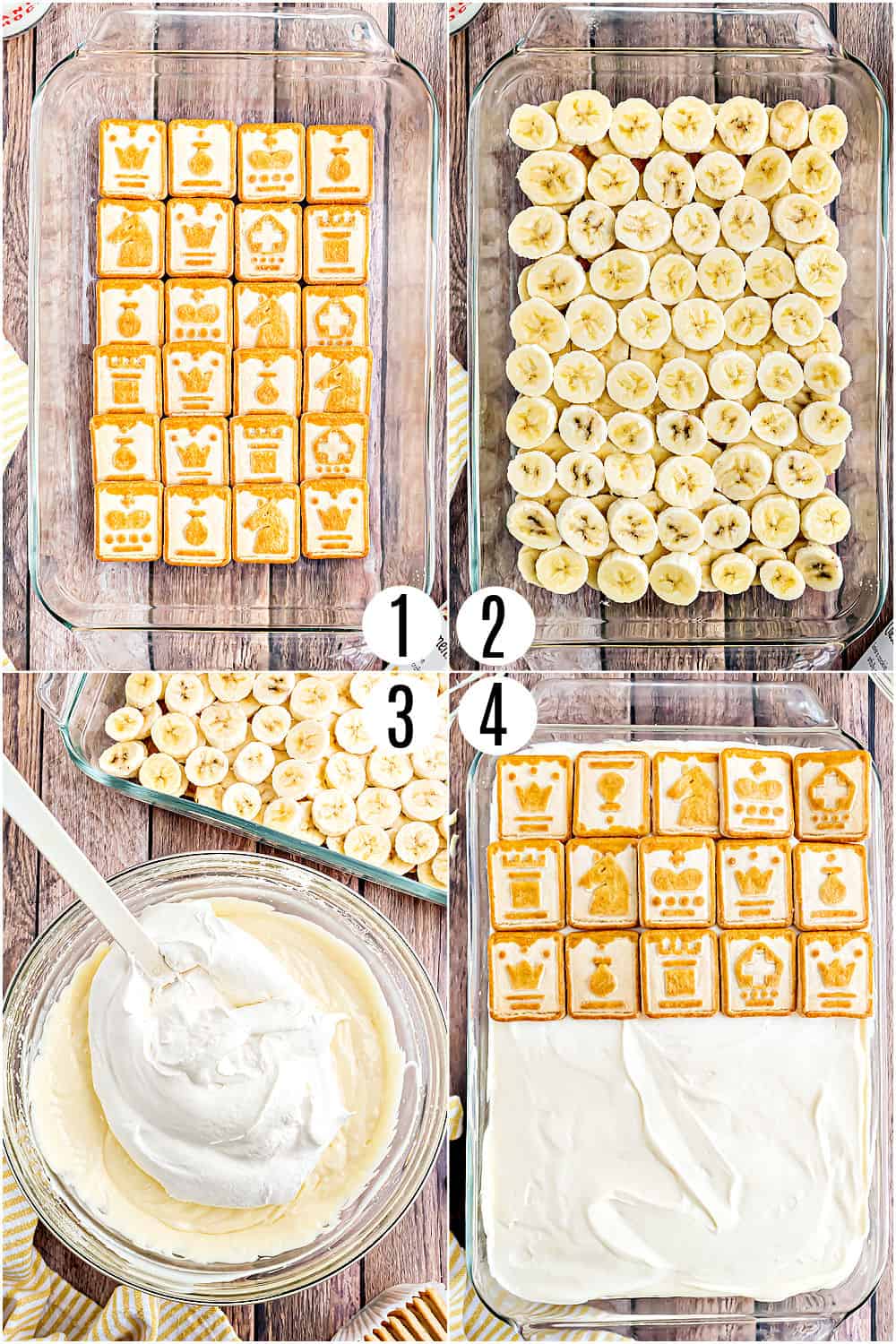 Step by step photos showing how to make banana pudding.