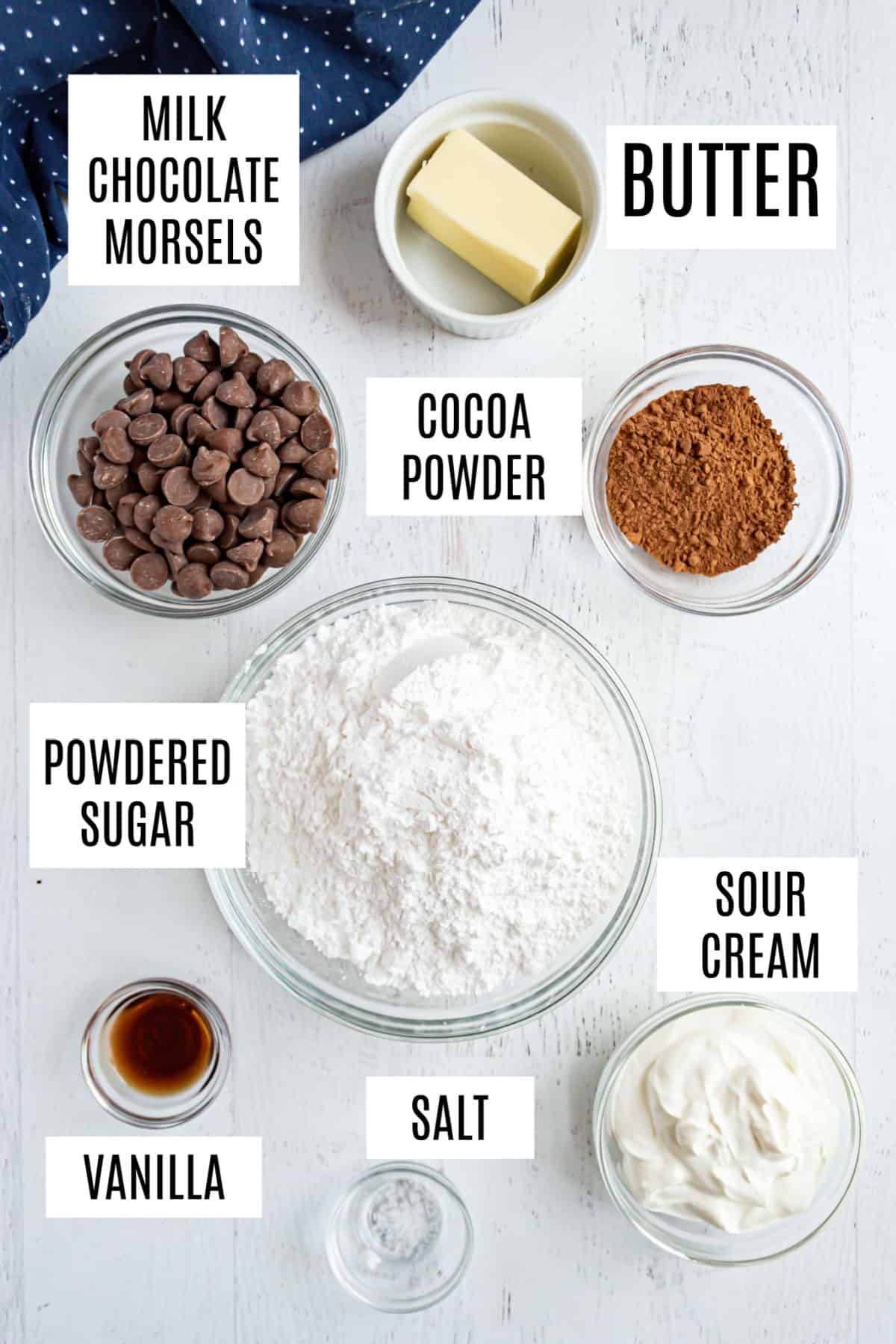 Ingredients needed for chocolate sour cream frosting.