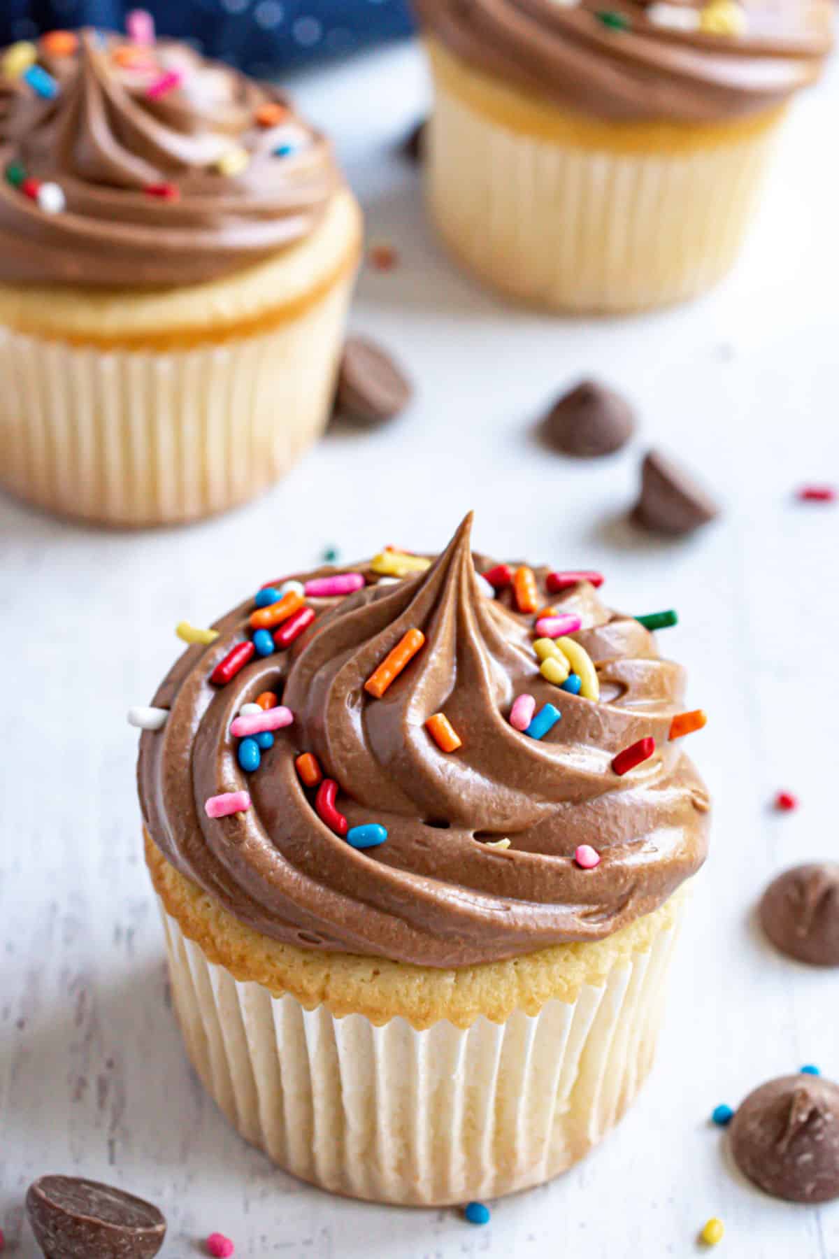Yellow cupcake with chocolate frosting and sprinkles.