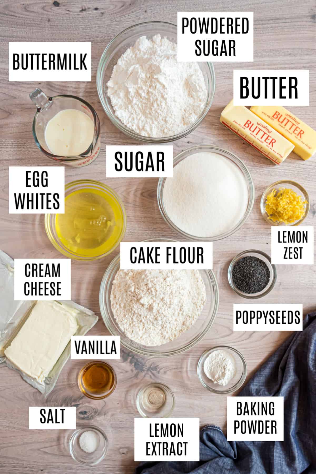 Ingredients needed to make a 13x9 pan of lemon poppy seed cake.