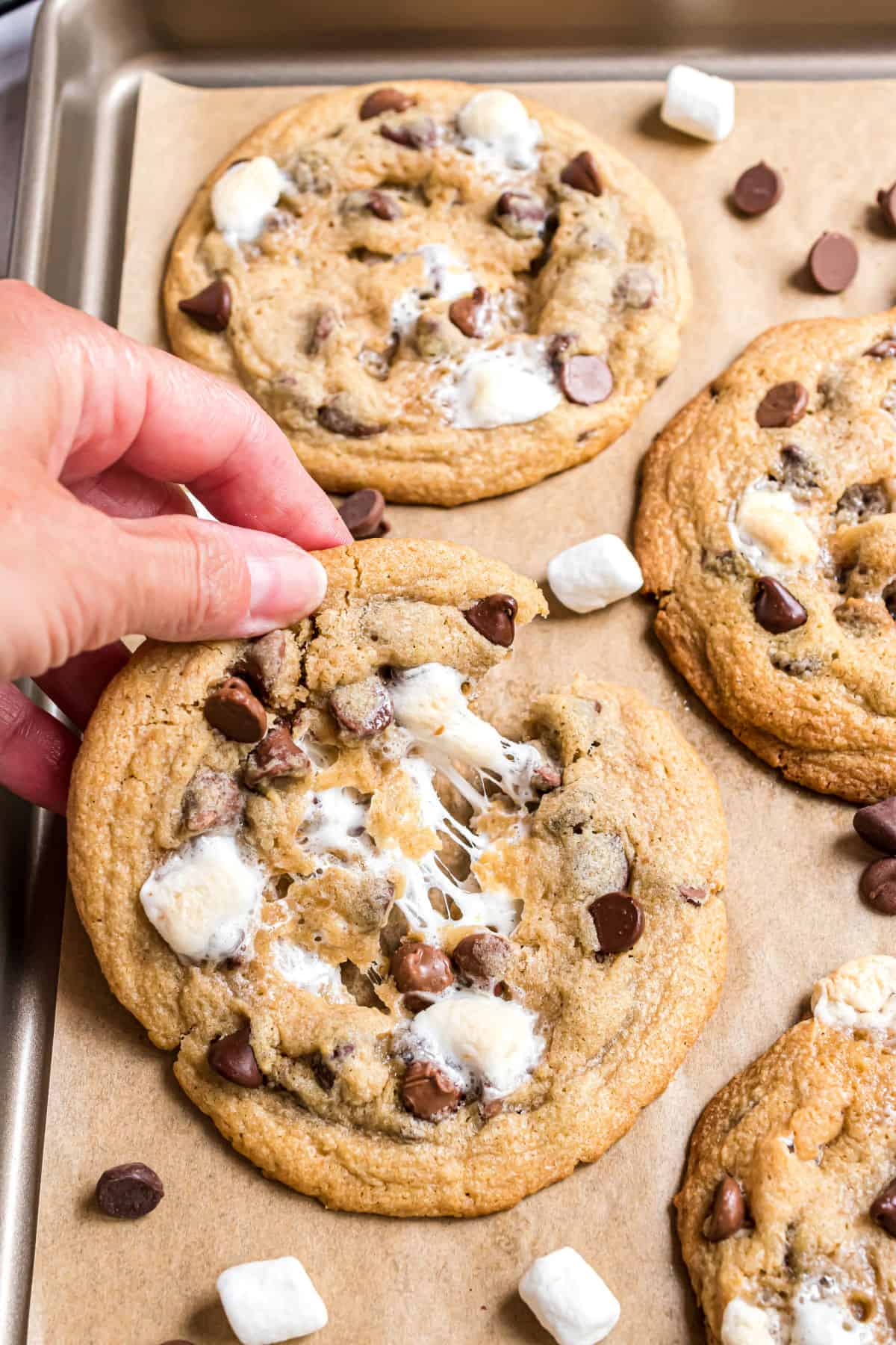 S'mores cookie being lifted from pan with gooey marshmallow.