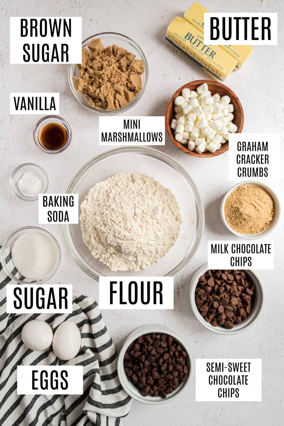 Ingredients needed for s'mores stuffed chocolate chip cookies.