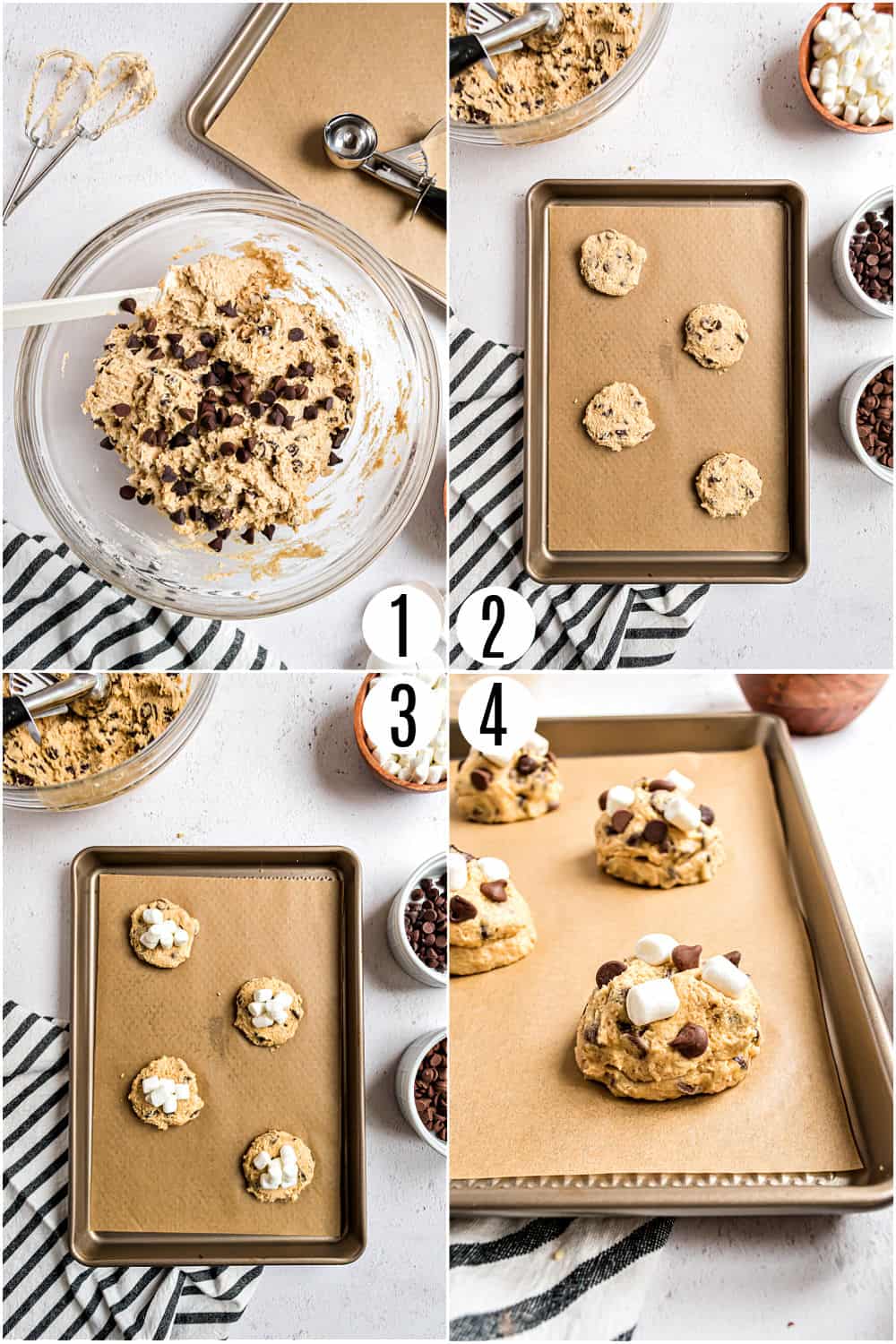 Step by step photos showing how to make smores cookies.