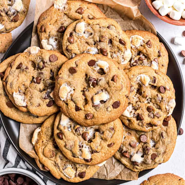 Large plate stacked with smores cookies.
