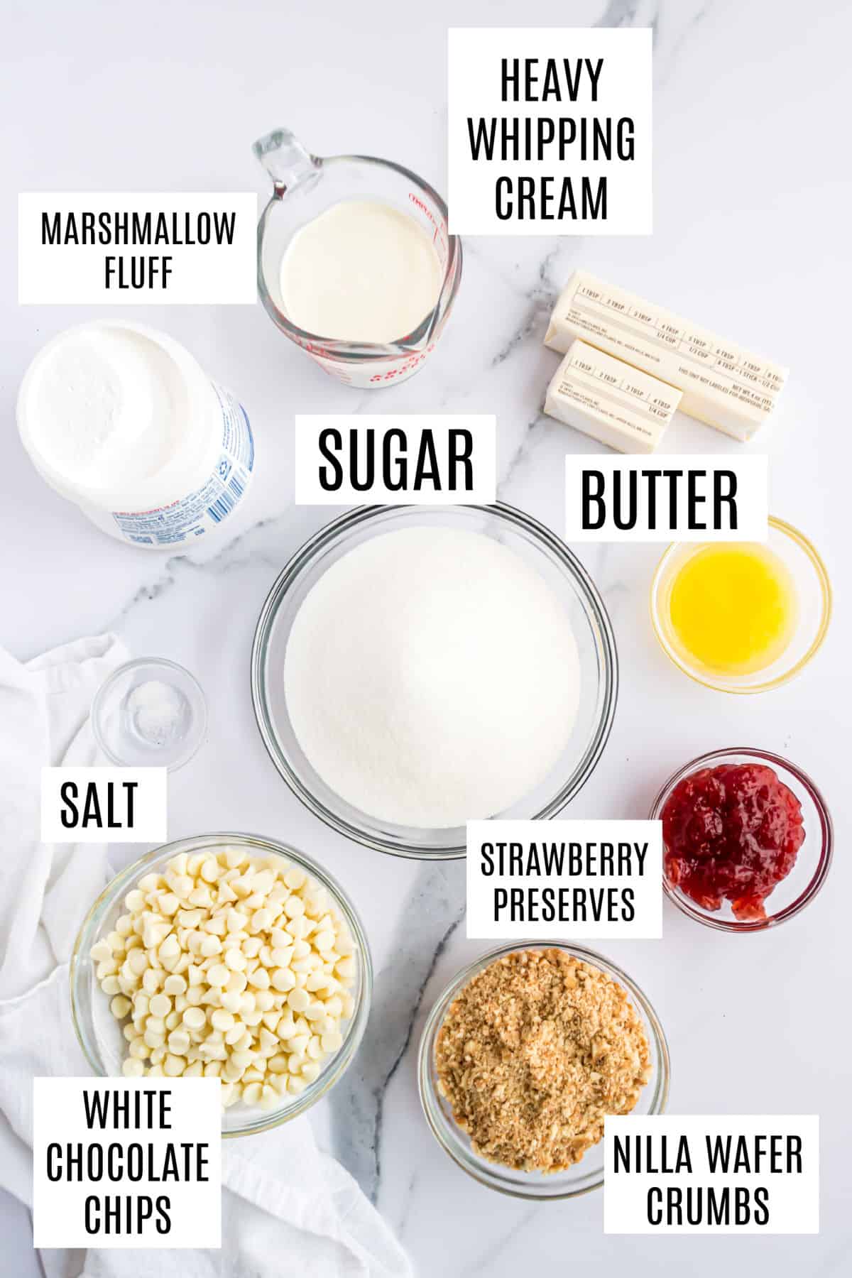 Ingredients needed to make strawberry shortcake fudge.