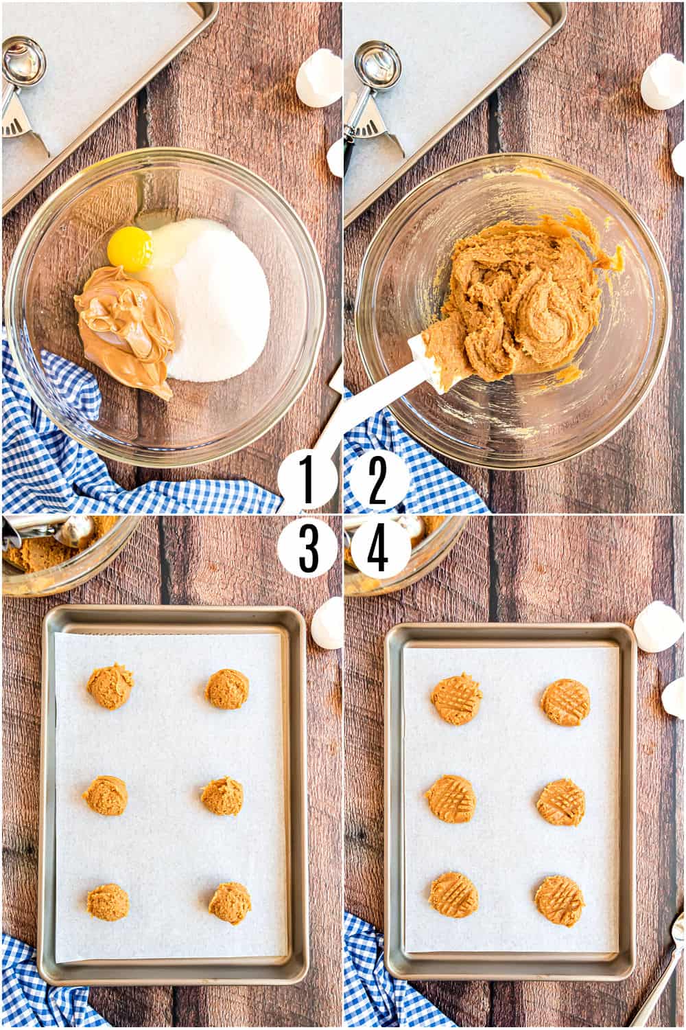 Step by step photos showing how to make peanut butter cookies with three ingredients.