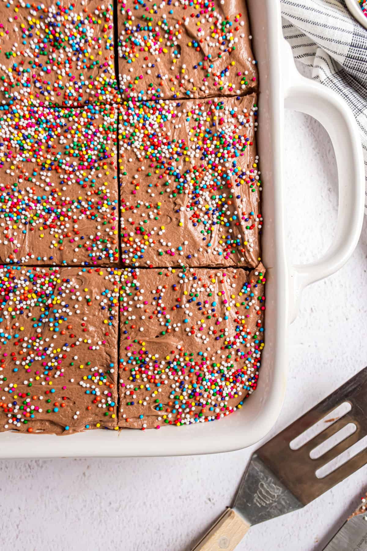 Chocolate cake in a white 13x9 baking dish topped with frosting and sprinkles.