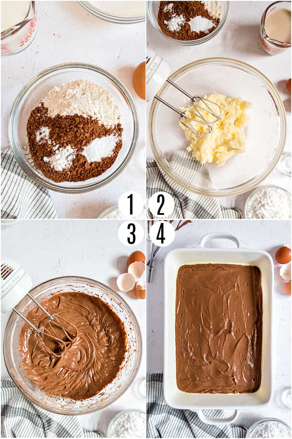 Step by step photos showing how to make chocolate cake in a 13x9 dish.