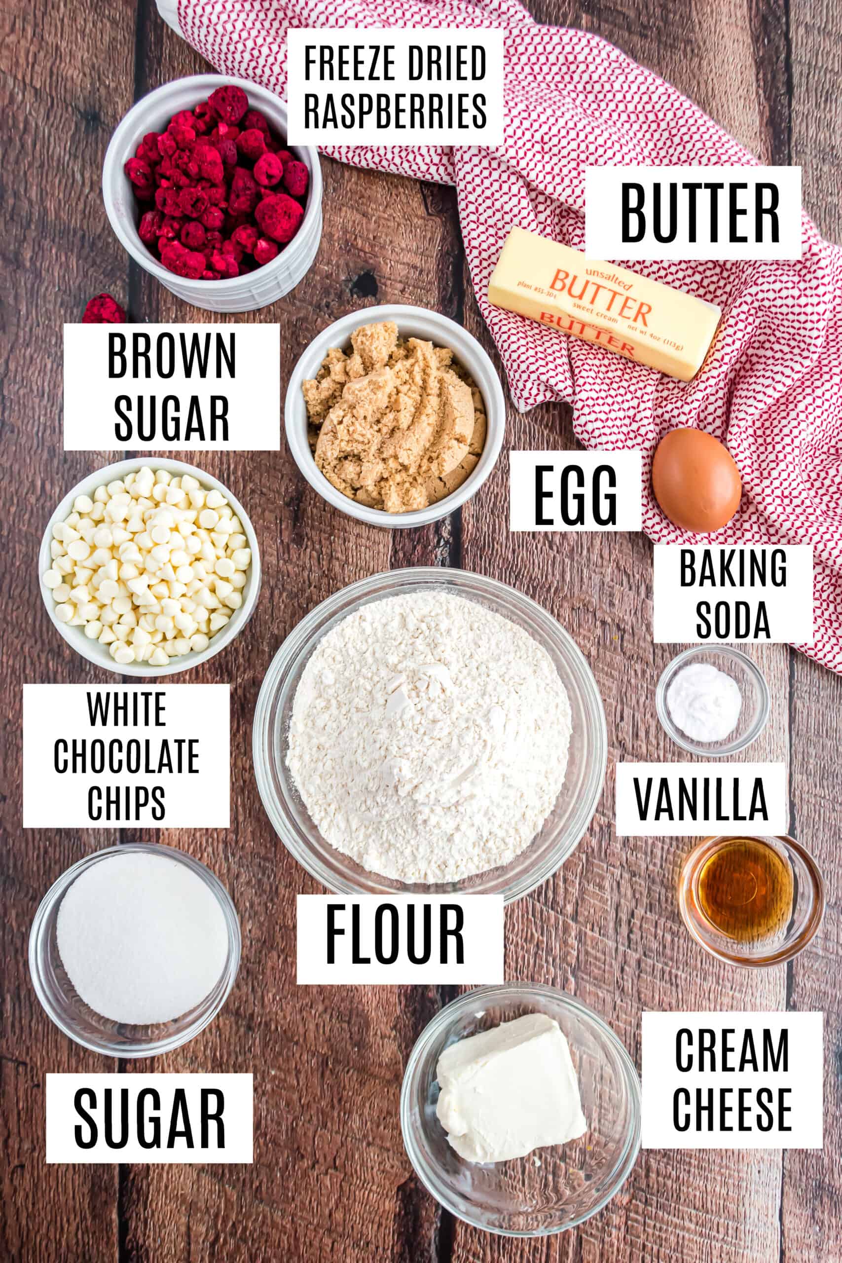 Ingredients needed for raspberry cheesecake cookies.