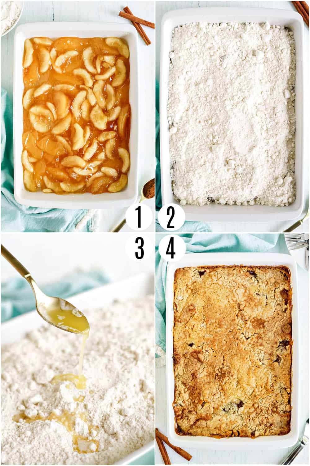 Step by step photos showing how to make apple dump cake.