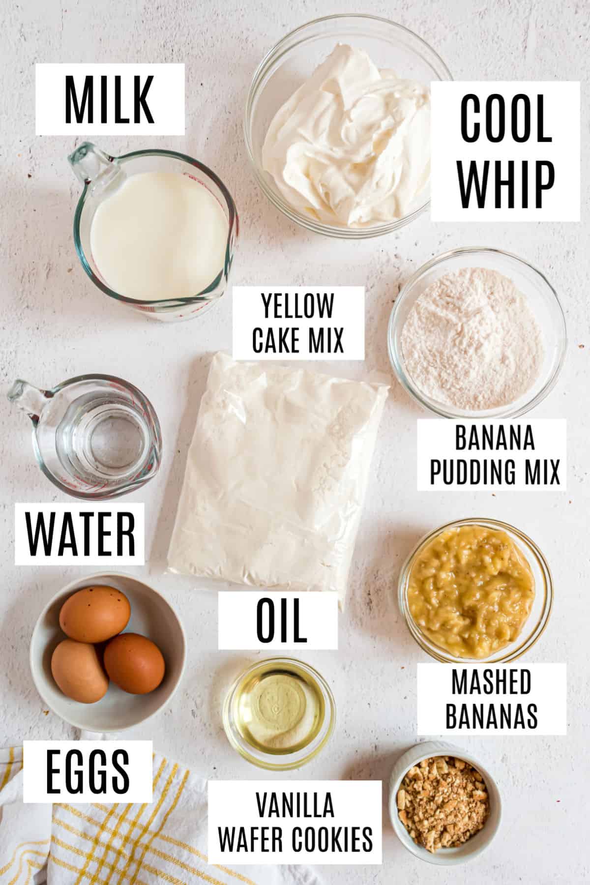 Ingredients needed for banana pudding poke cake recipe.