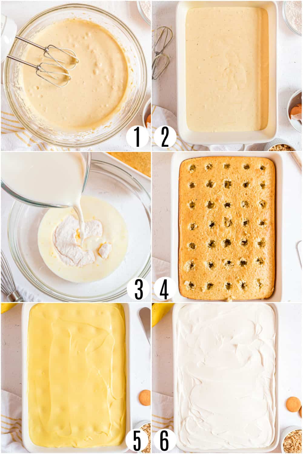 Step by step photos showing how to make banana pudding poke cake.