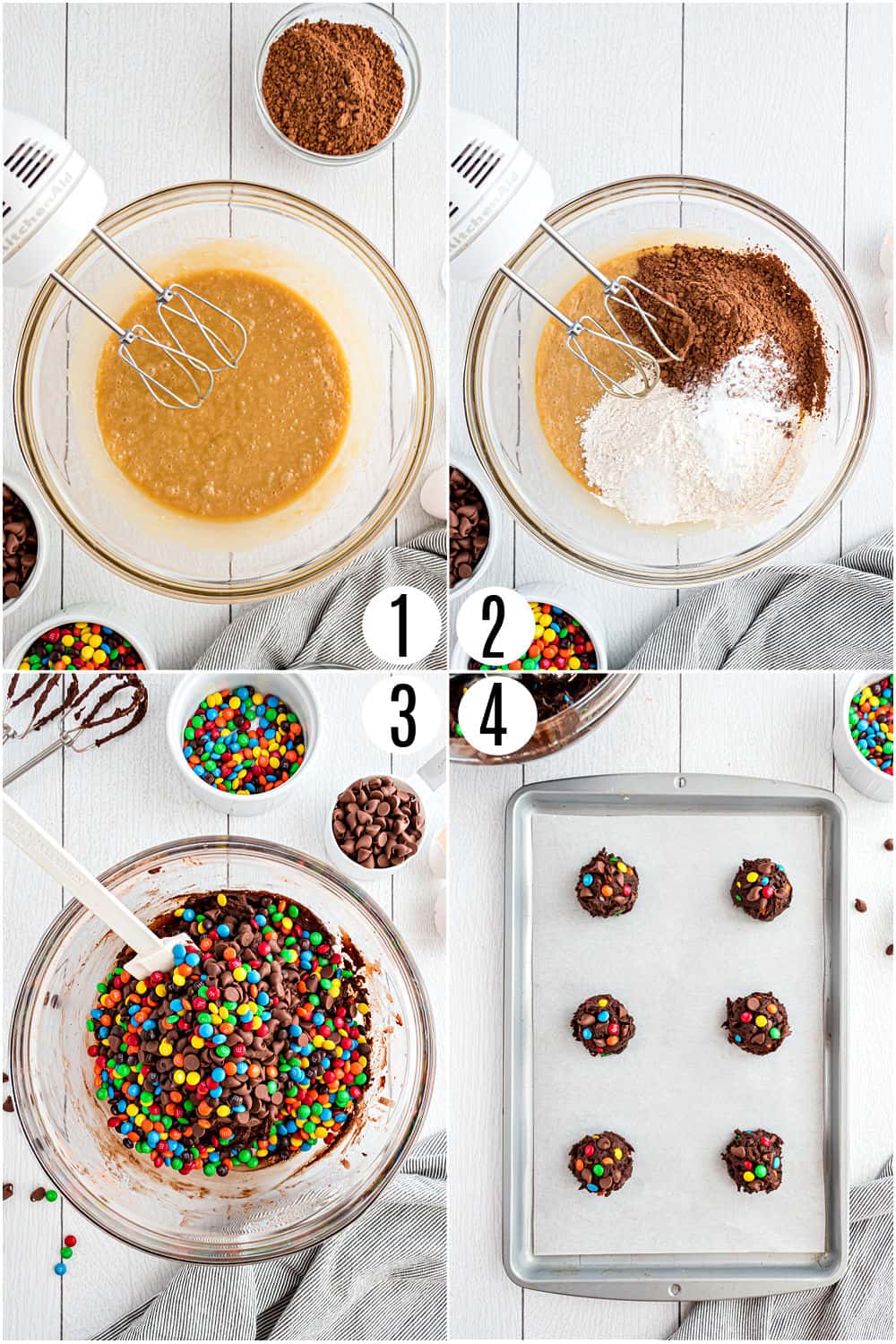 Step by step photos showing how to make chocolate M&M cookies.