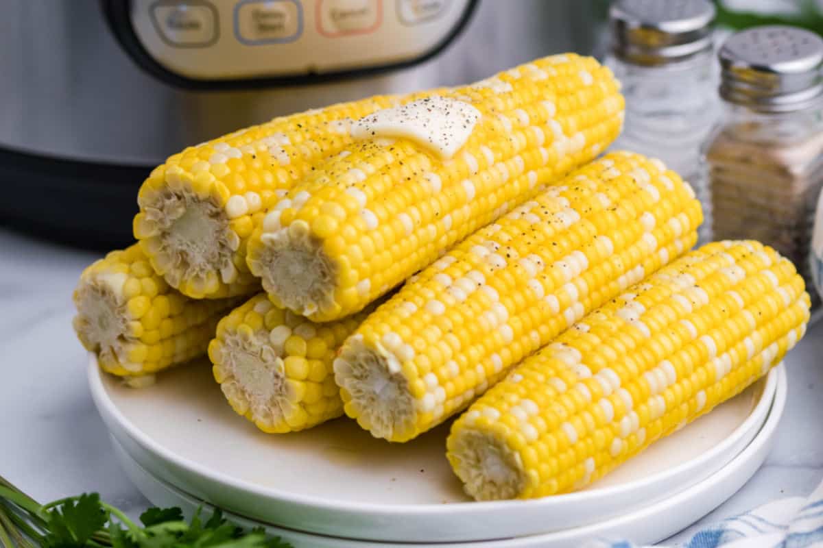 Corn on the cob stacked on a white plate with salt, pepper, and butter on top.