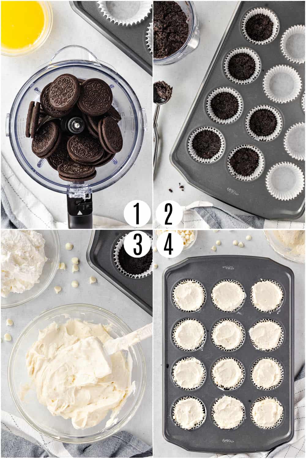 Step by step photos showing how to make no bake cheesecake in muffin tin.
