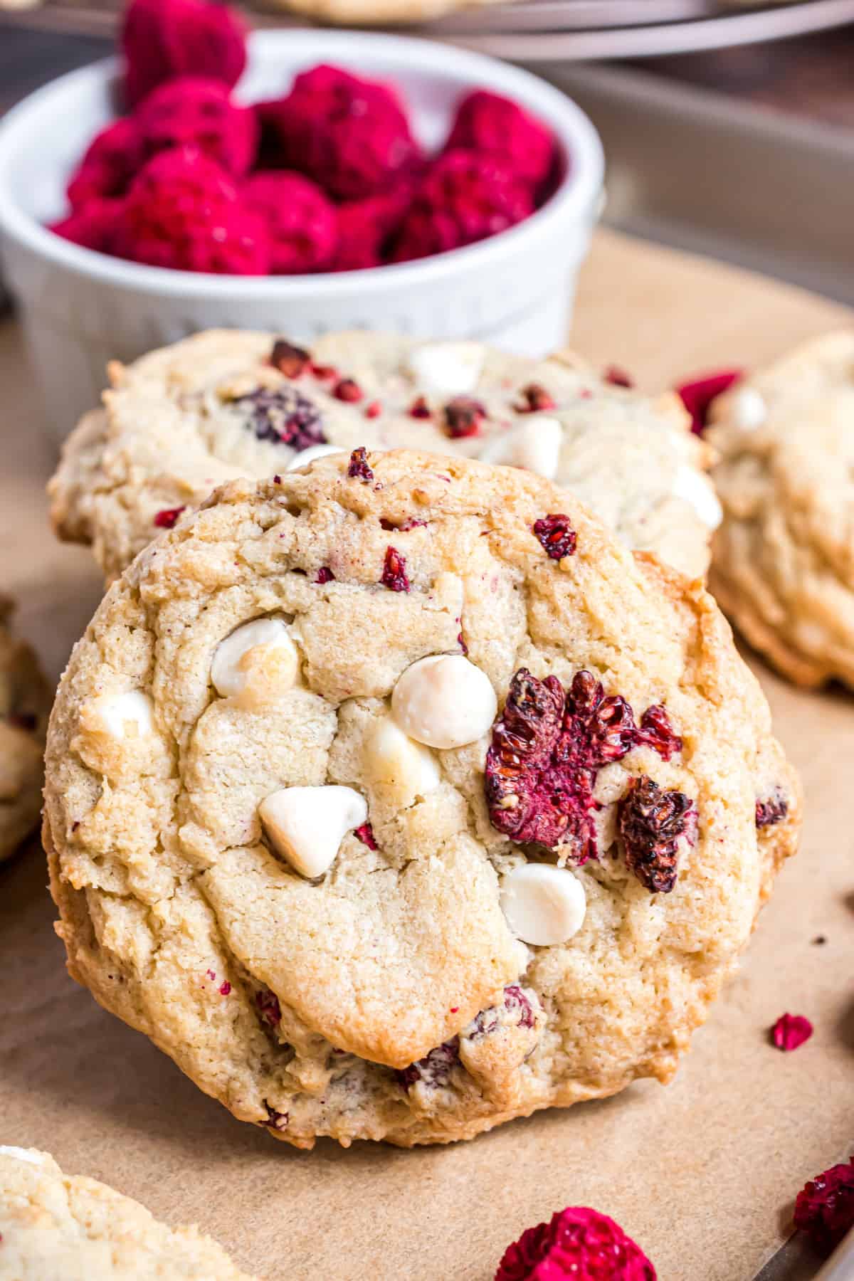Subway copycat cookie with raspberries and white chocolate chips.