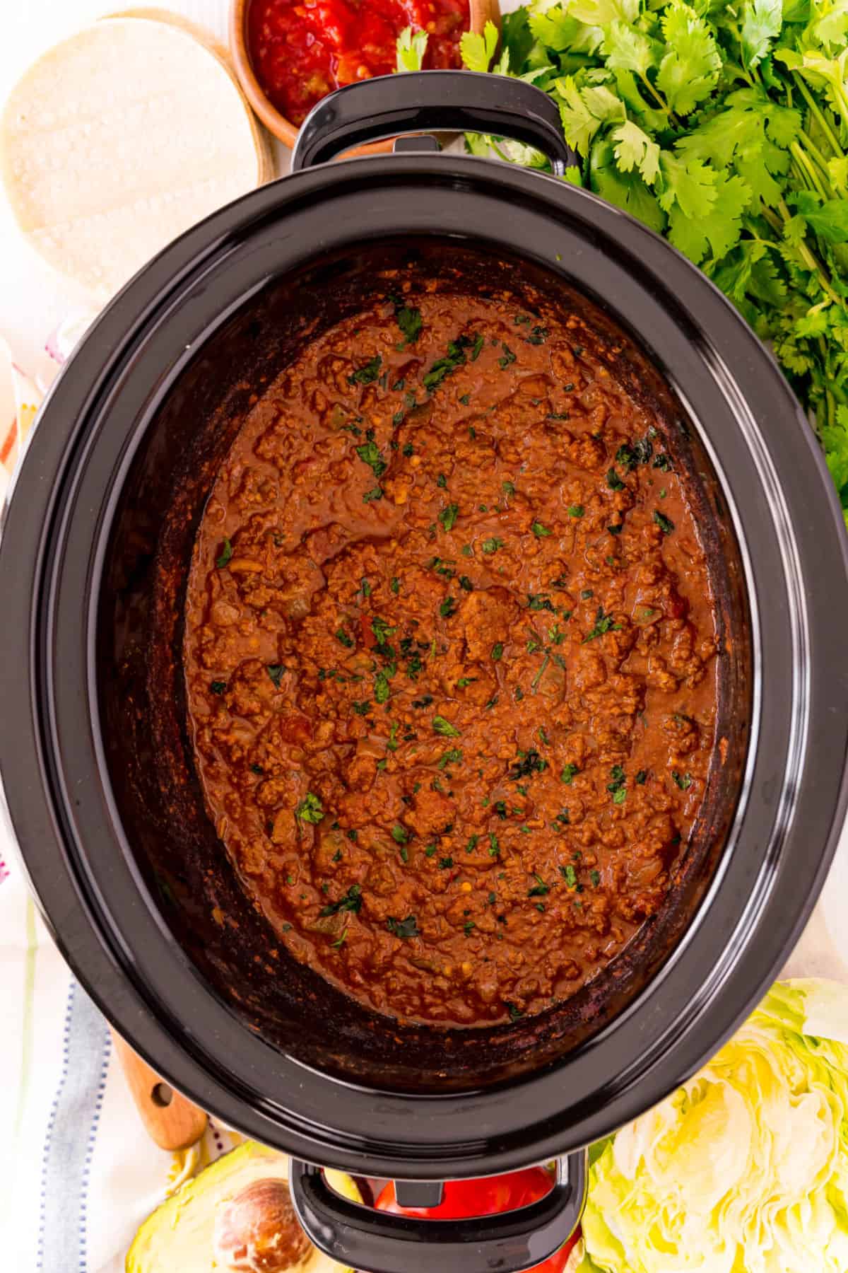 Cooked taco meat in slow cooker.