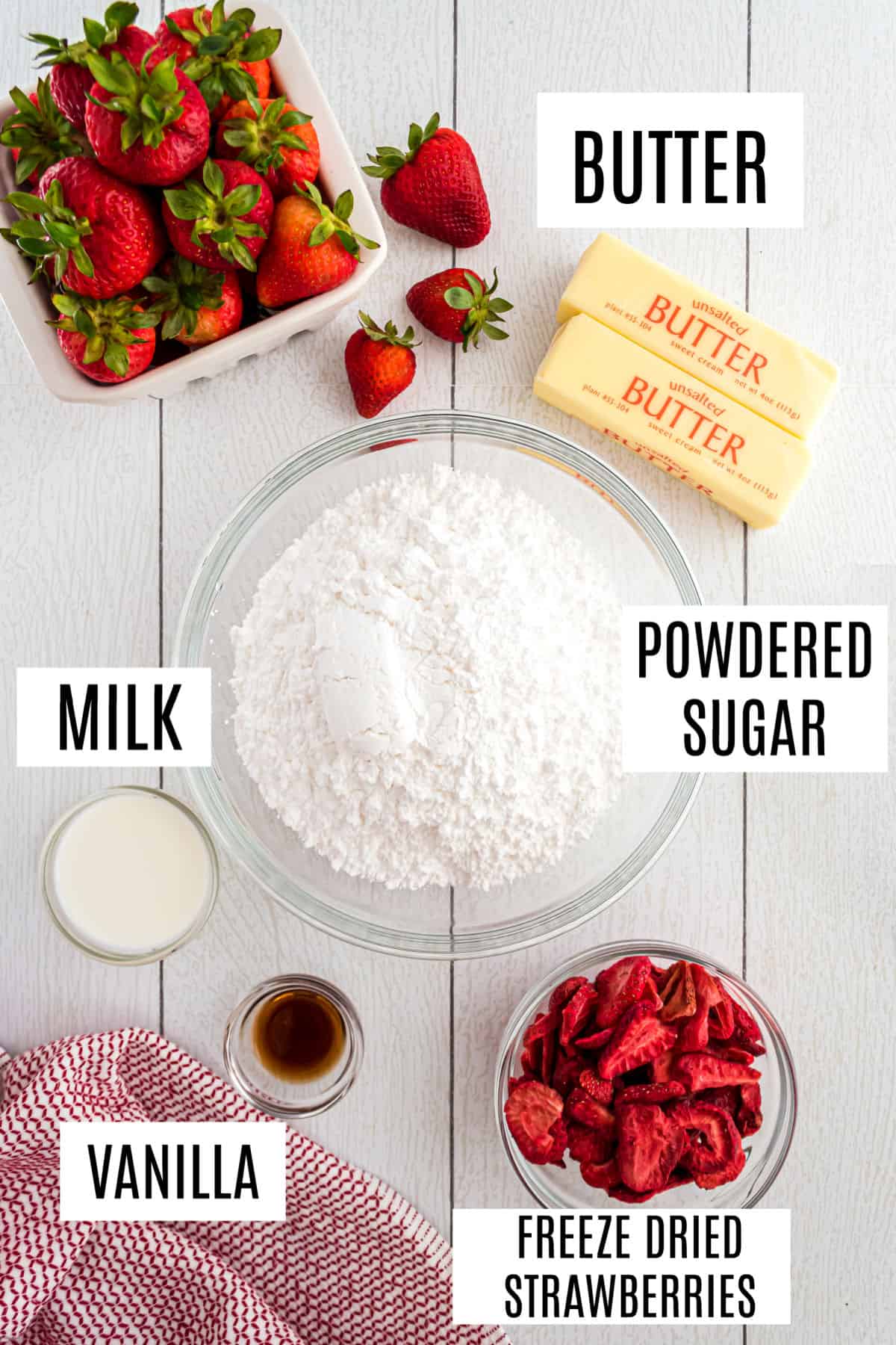 Ingredients needed for strawberry buttercream frosting.