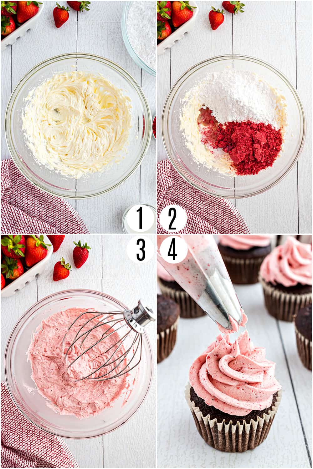 Step by step photos showing how to make strawberry frosting.