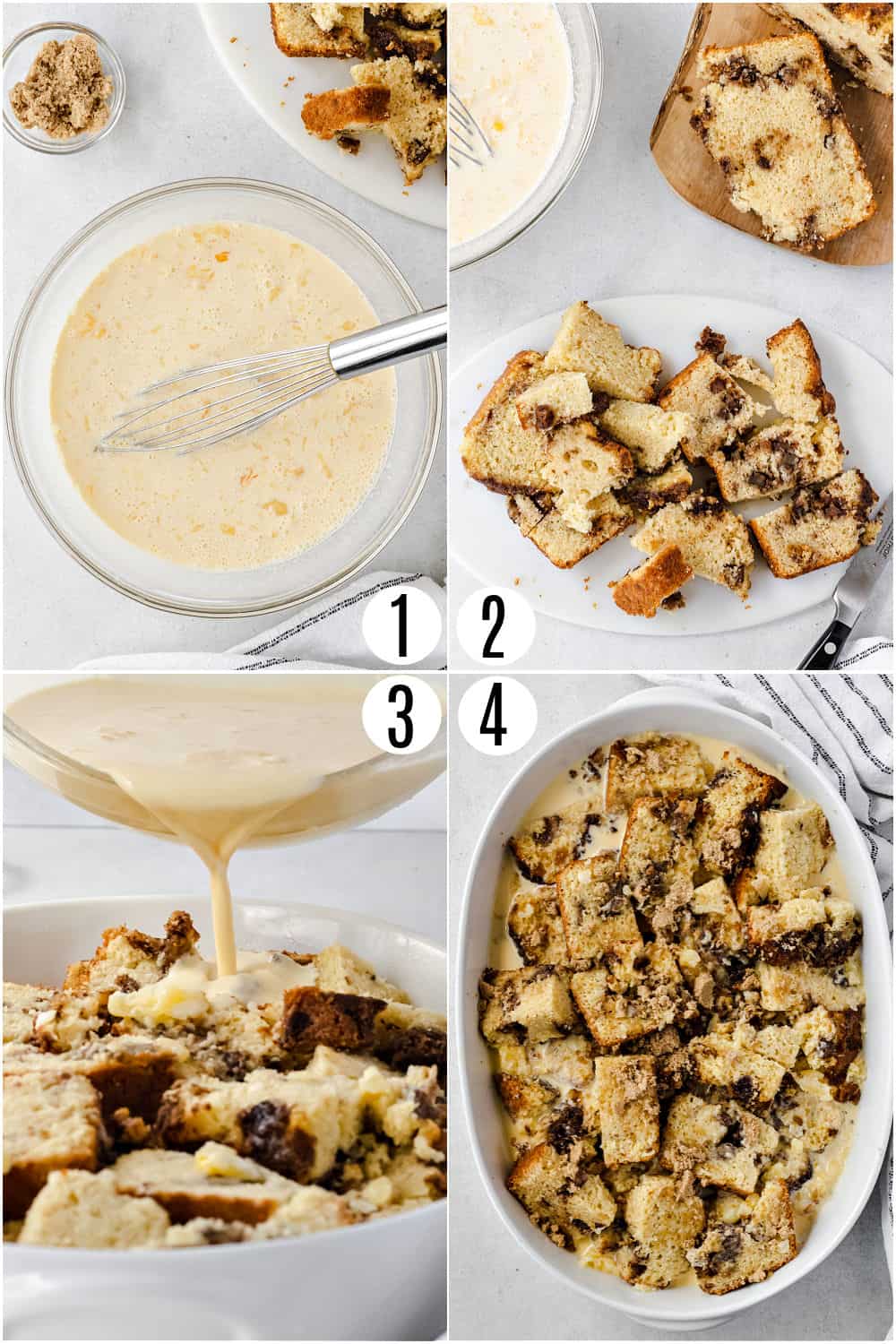 Step by step photos showing how to make apple bread pudding.